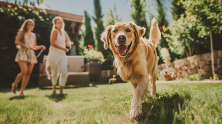 Joyful golden retriever playing fetch with a family in a sunny backyardの素材
