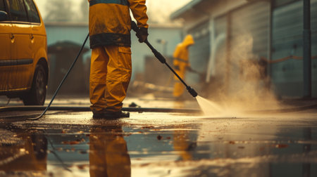 Workers Using Pressure Washer to Clean Driveways for Professional Cleaning Serviceの素材