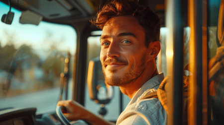 Young handsome bus driver sits behind the wheel of a bus and looks at the camera smilingの素材
