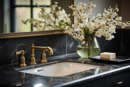 a bathroom sink with flowers and a mirror.の素材