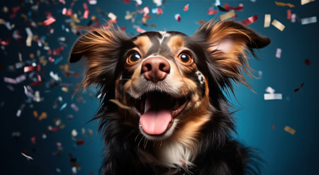a dog is playing with confetti.の素材