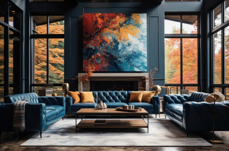a bright living room with blue furniture and a large painting in the background.の素材