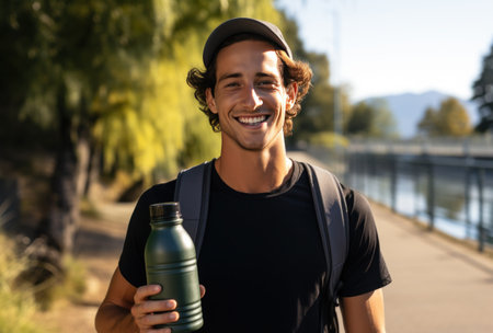 a man smiling while holding a water bottle.の素材