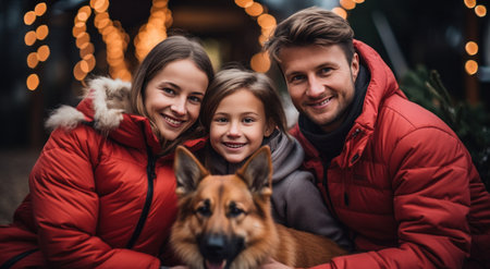 happy family in winter clothes with german shepherd dog at christmas marketの素材