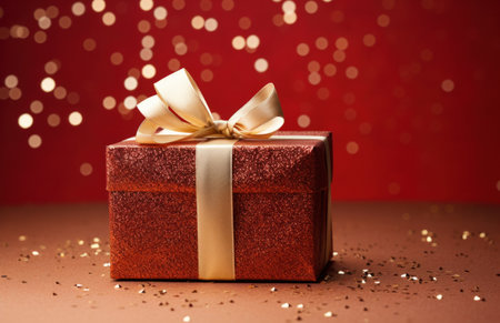 a christmas present box on a red background.の素材