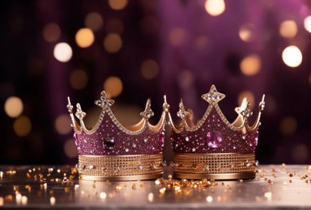 crowns with sparkles and glitters on a table.の素材