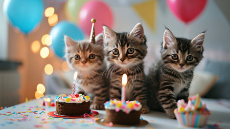cute happy cats with a birthday cake celebrating at a birthday party.の素材