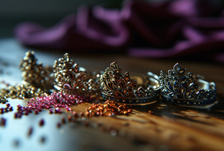 crowns with sparkles and glitters on a table.の素材