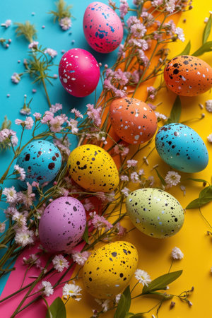 Vibrant background, colorful eggs, festive decorations.の素材