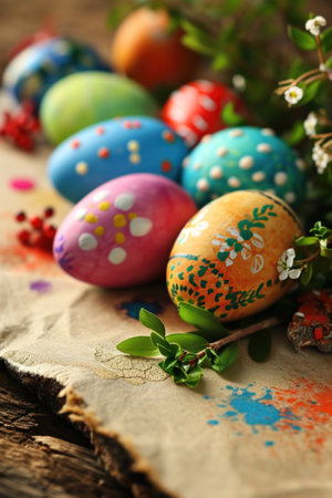 Vibrant background, colorful eggs, festive decorations.の素材