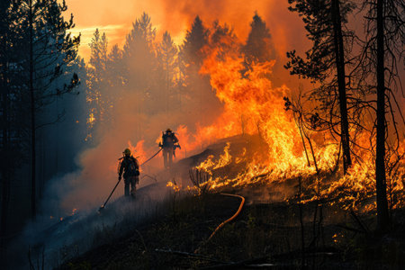 four firefighters walk through a forest with flames.の素材