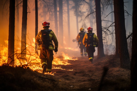 four firefighters walk through a forest with flames.の素材