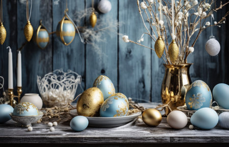 easter eggs and decorations on a rustic wooden table,.の素材