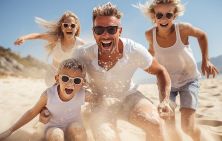 family in the sun has fun on the beach.の素材