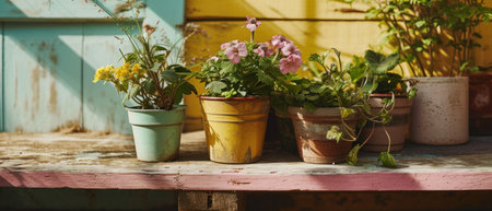 garden supplies, plants, flowers on a wooden bench.の素材