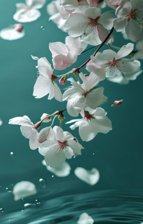 floating white flower petals on green background float.の素材