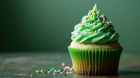 Green birthday cupcake with copy space.の素材