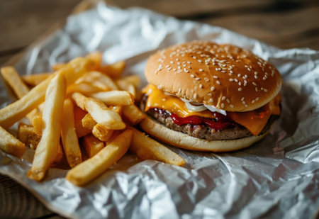 French fries are placed on a paper and cheeseburger.の素材