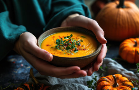 hands holding bowl of soup.の素材