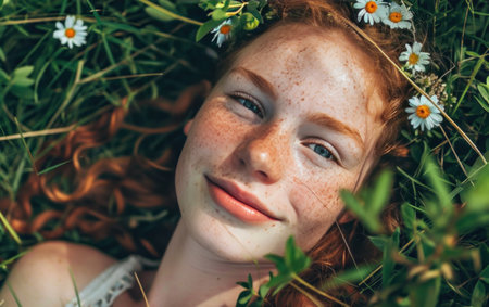 girl with flowers on her head lying on the green grass.の素材
