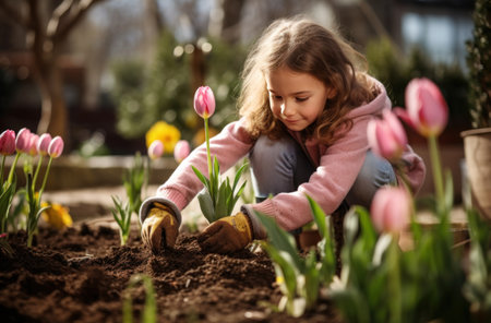 girl playing with tulips in the garden.の素材