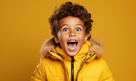 young boy wearing yellow jacket making a huge "wow" face on yellow backdrop.の素材