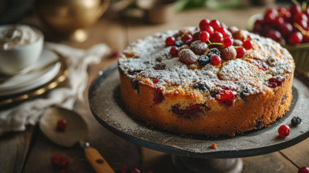 Homemade rustic fruits cake on a table.の素材