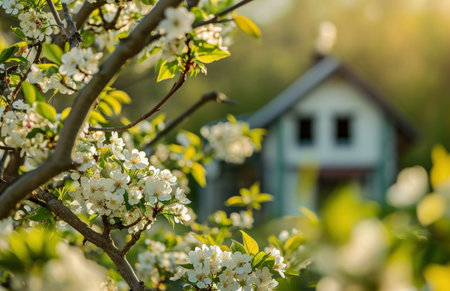 house house design on the blossom tree on spring.の素材
