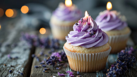 Lavender birthday cupcake with copy space.の素材
