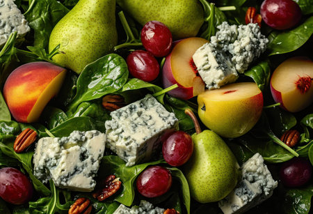 pear spinach salad with blue cheese, pecans, peach and grapes.の素材