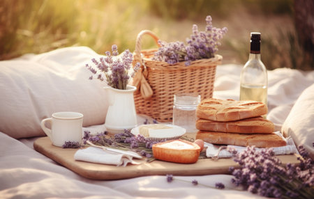 picnic in lavender field.の素材
