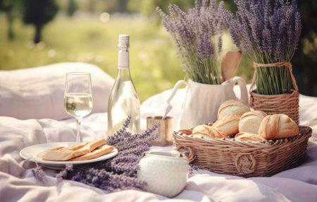 picnic in lavender field.の素材