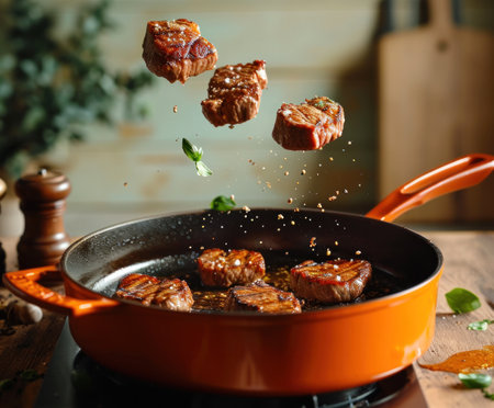 steaks are flying into an orange frying pot.の素材