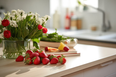 Bouquet of flowers and strawberries on the table in the kitchenの素材