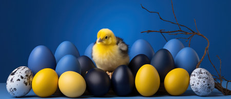 the chick is sitting next easter eggs.の素材