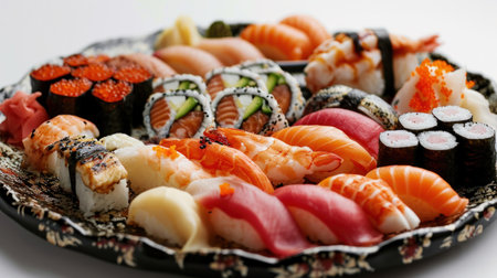 Assorted sushi rolls and sashimi on a platter.の素材