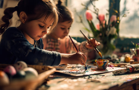 two children are painting easter with little easter bunny theme.の素材