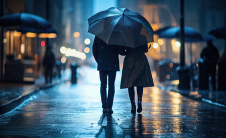 two people walking down the street holding umbrellas.の素材