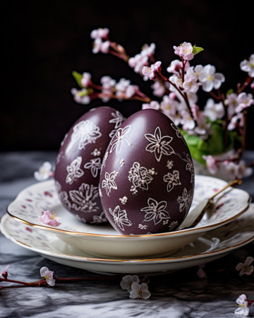 two easter eggs sit in a bowl.の素材