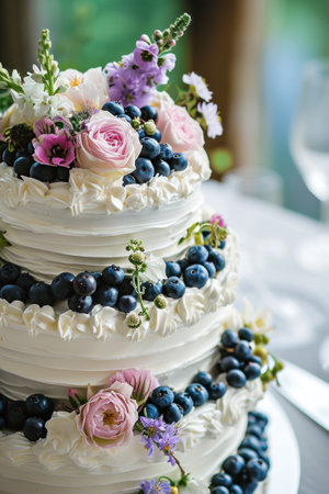 White wedding cake with flowers and blueberries.の素材