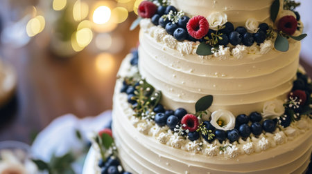 White wedding cake with flowers and blueberries.の素材