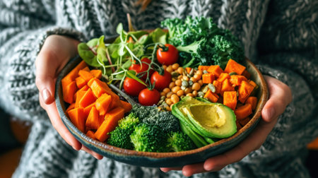 Woman holding plate with vegan or vegetarian food.の素材