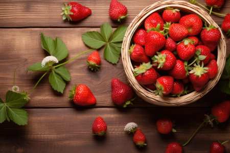a basket of strawberries and asparagus sitting on a wooden board.の素材
