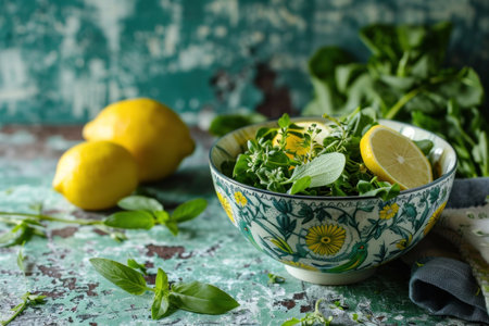 a bowl of salad with lemon on a background.の素材