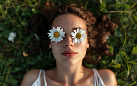 woman lay on the grass with flowers in her eyes.の素材