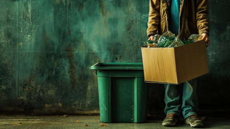 a boy holding an empty recycling box and recycling bin.の素材