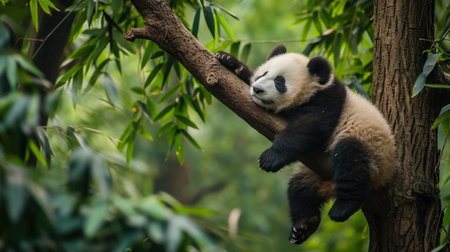 A baby panda napping on a tree branch.の素材