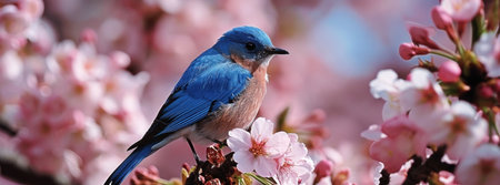 a blue sitting on a blossoming cherry tree.の素材