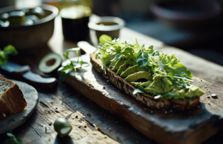 a green bread with avocado and lettuce with an olive knife.の素材