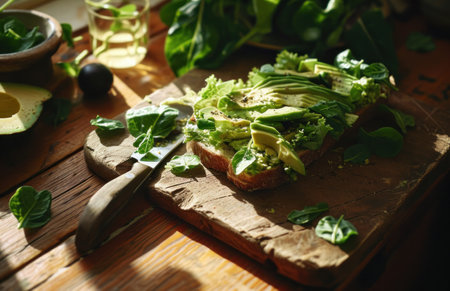 a green bread with avocado and lettuce with an olive knife.